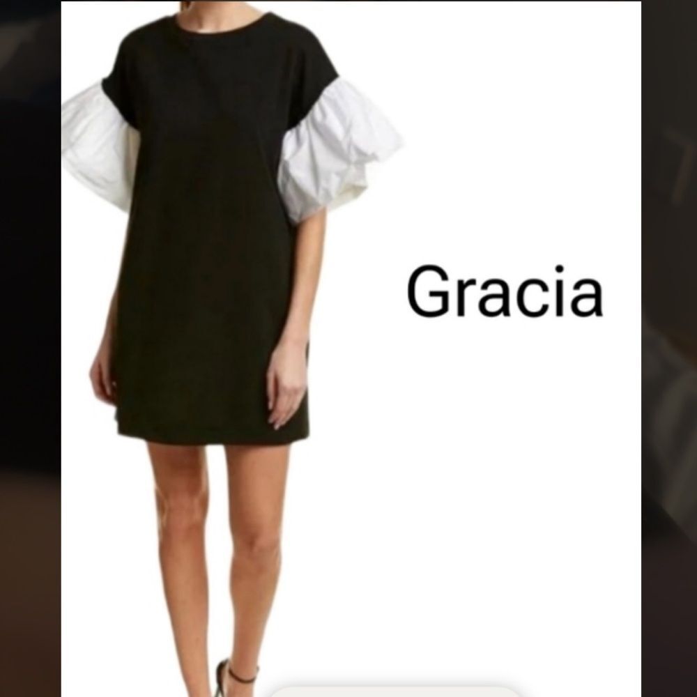 GRACIA Dress - Black Shift Dress w/ White Puffy Sleeves Size Large